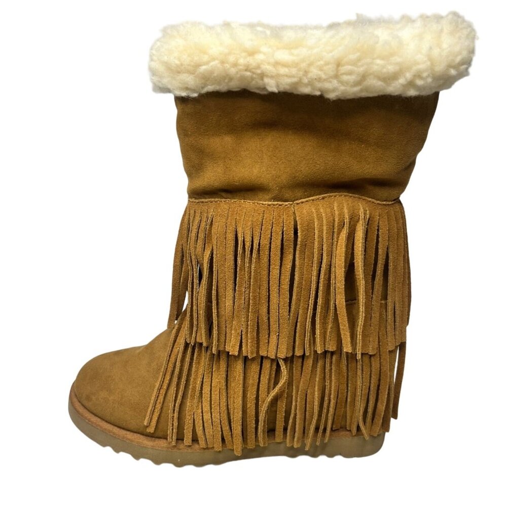 Madden Girl Tan Ankle Boots with Cozy Fur Trim and Fringe Detail